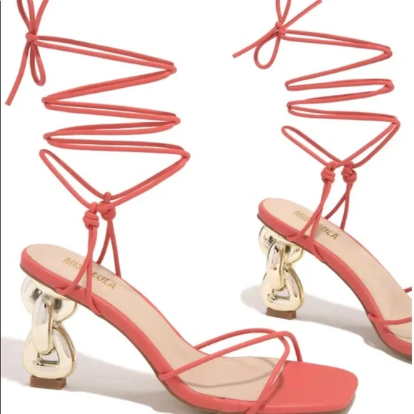 MISS LOLA Knot Detail Raya Peach Lace-Up Strappy Heels Sz:9 - Picture 1 of 15